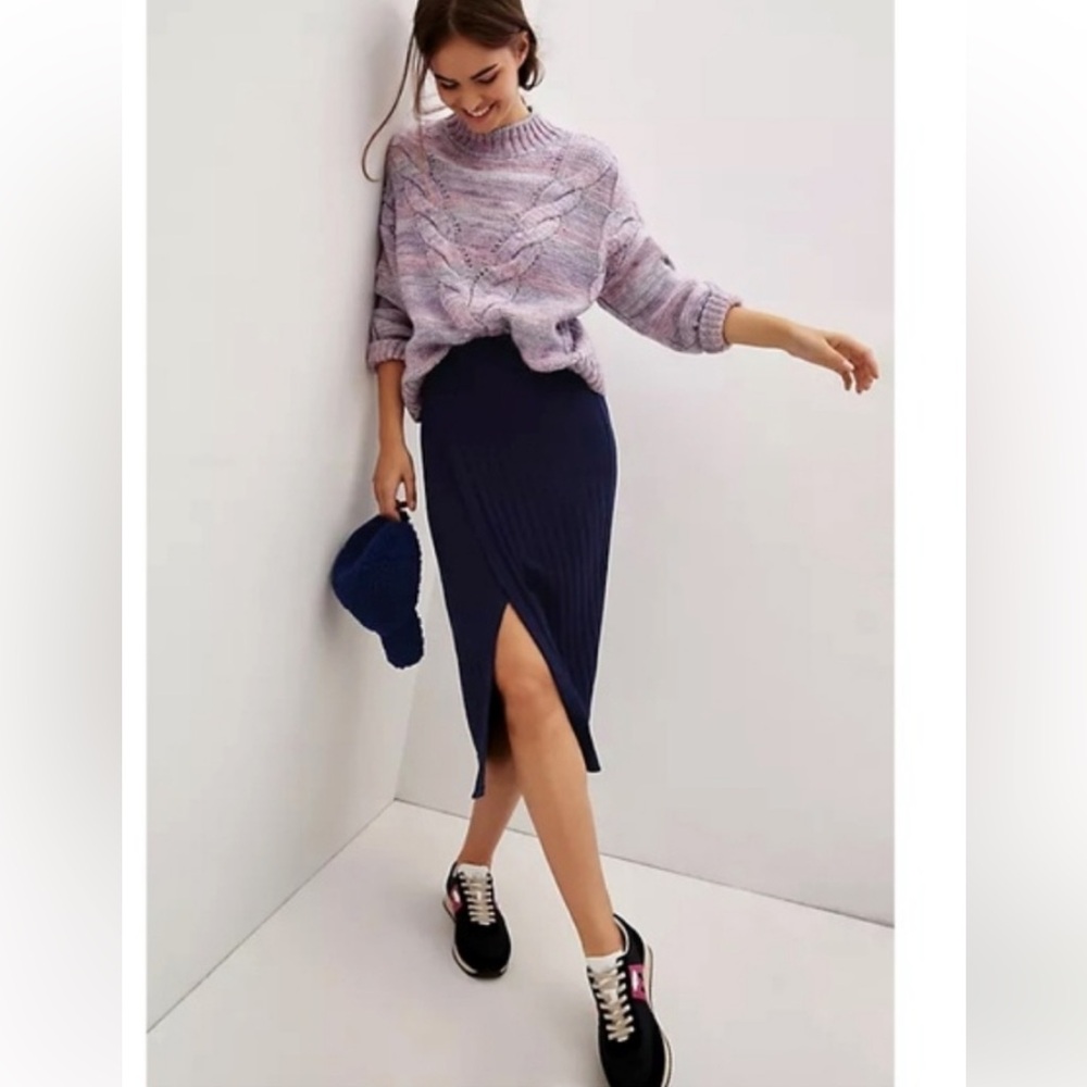 Anthropologie Maeve Leanna Navy Knit Ribbed Faux Wrap Midi Skirt
